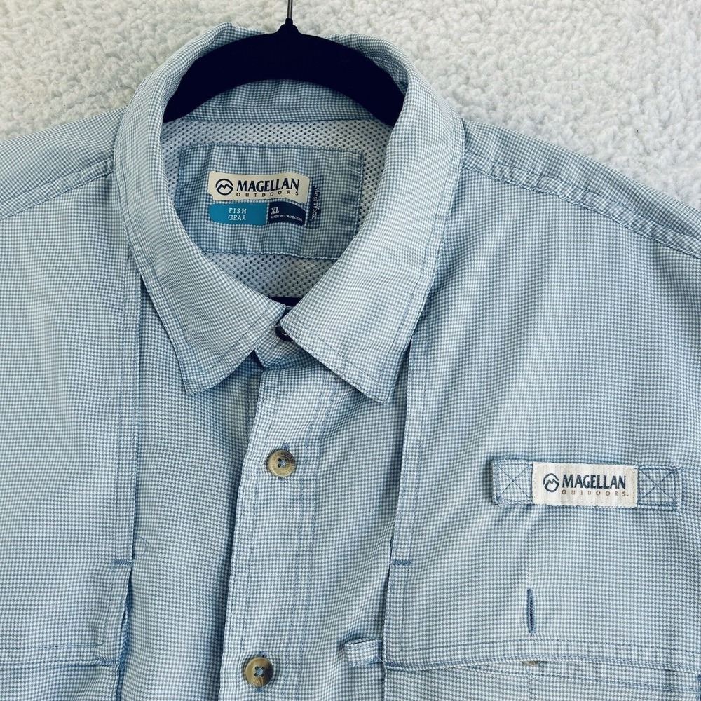 Magellan Men XL Blue White Check Short Sleeve Button Down Relaxed Fish Gear - Picture 3 of 12